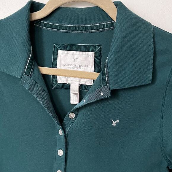 American Eagle AE Eagle Polo Teal Womens Large 3/4 Sleeve Y2K Fitted - Picture 3 of 11
